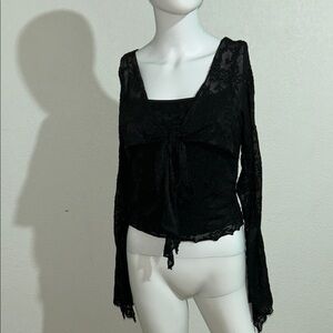 SHEIN Black Lace Tie-Front Long Sleeve Top